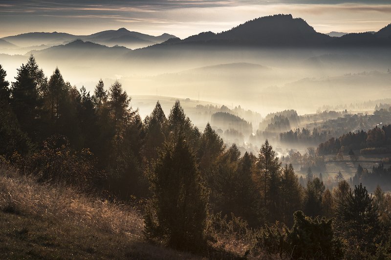 A view of the Pieniny covered with fog