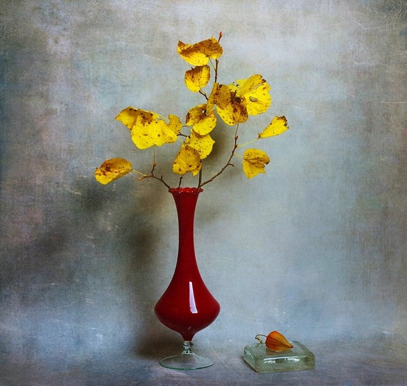 still life with yellow leaves