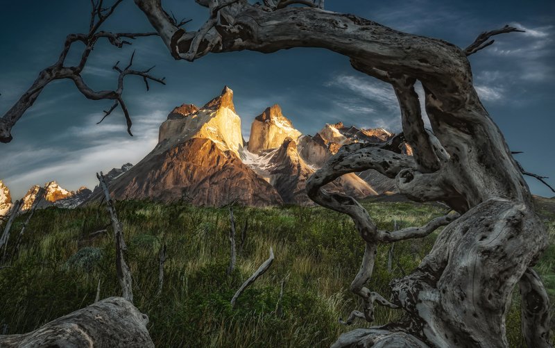 First rays of the Sun at Torres del Paine, Chile, Patagonia