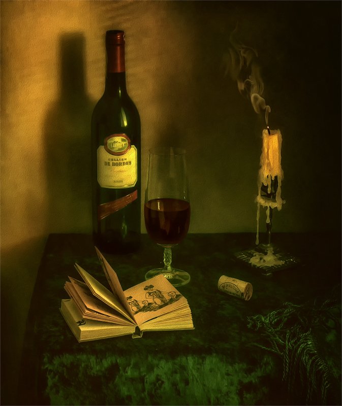 натюрморт с книгой и бокалом вина
