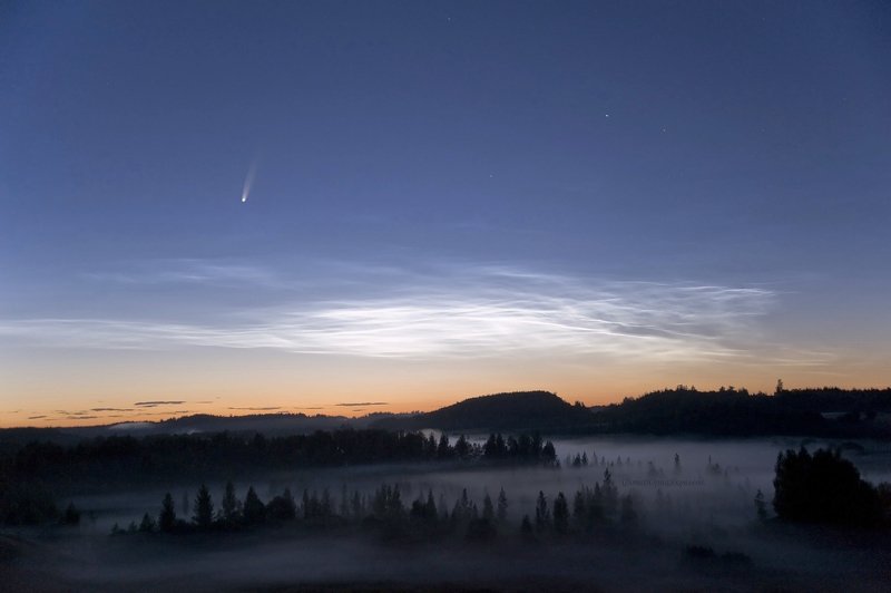 Окутанная туманом Мальская долина! А в небе серебристые облака и комета C/2020 F3.